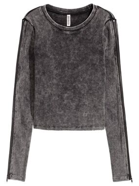 H&M Washed Charcoal Gray Long-Sleeve Zip-Trim Top